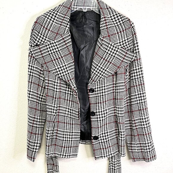 LAPIS ANTHROPOLOGIE Wool Blend Coat Womens L Black Houndstooth Large Lapel Y2K - Picture 6 of 14